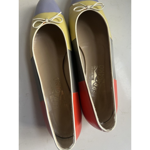 Ferragamo Multicolored Purple Green Gray Red Color Block Bow Ballet Flats WM 7.5 - Picture 6 of 10